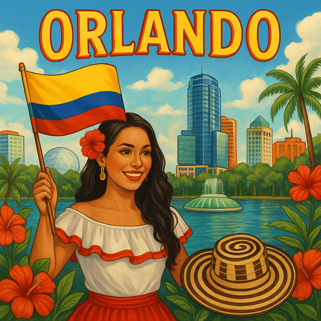 Woman holding Colombian flag in front of Orlando skyline with floral elements and palm trees.