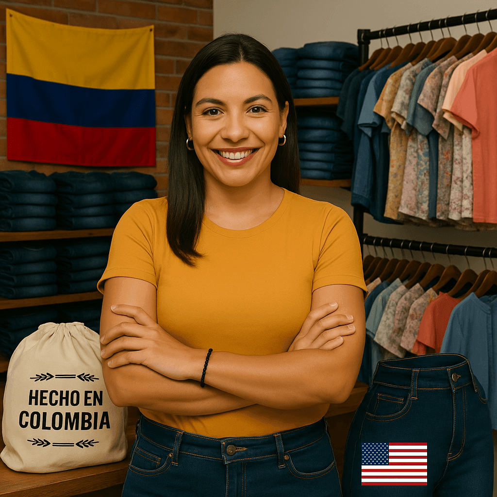 Smiling woman in yellow shirt standing in clothing store with jeans and Colombian flag in background.