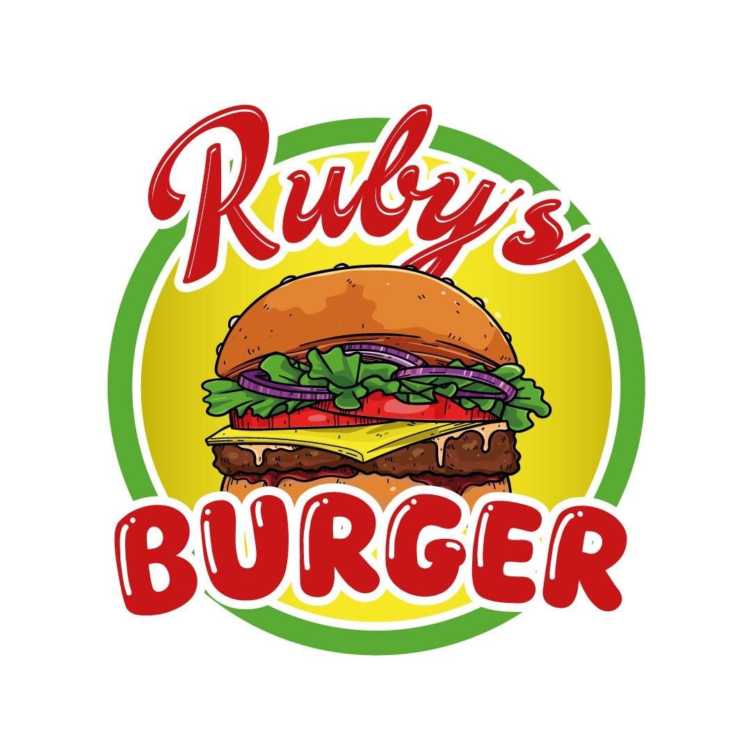 Illustrated burger logo with text 'Ruby's Burger' in red and yellow with green border.